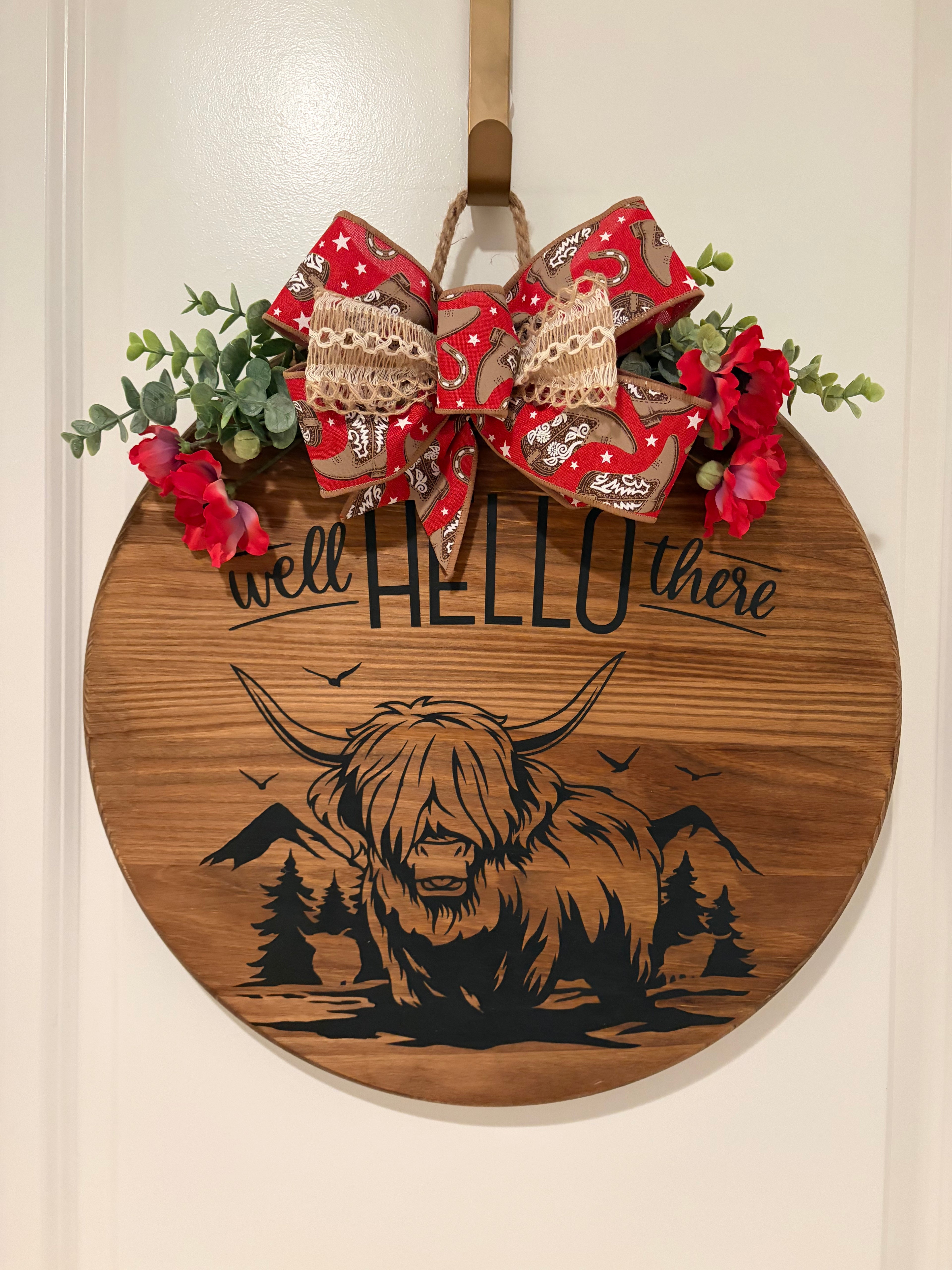 Door Hanger - Well Hello There Highland Cow and Mountains