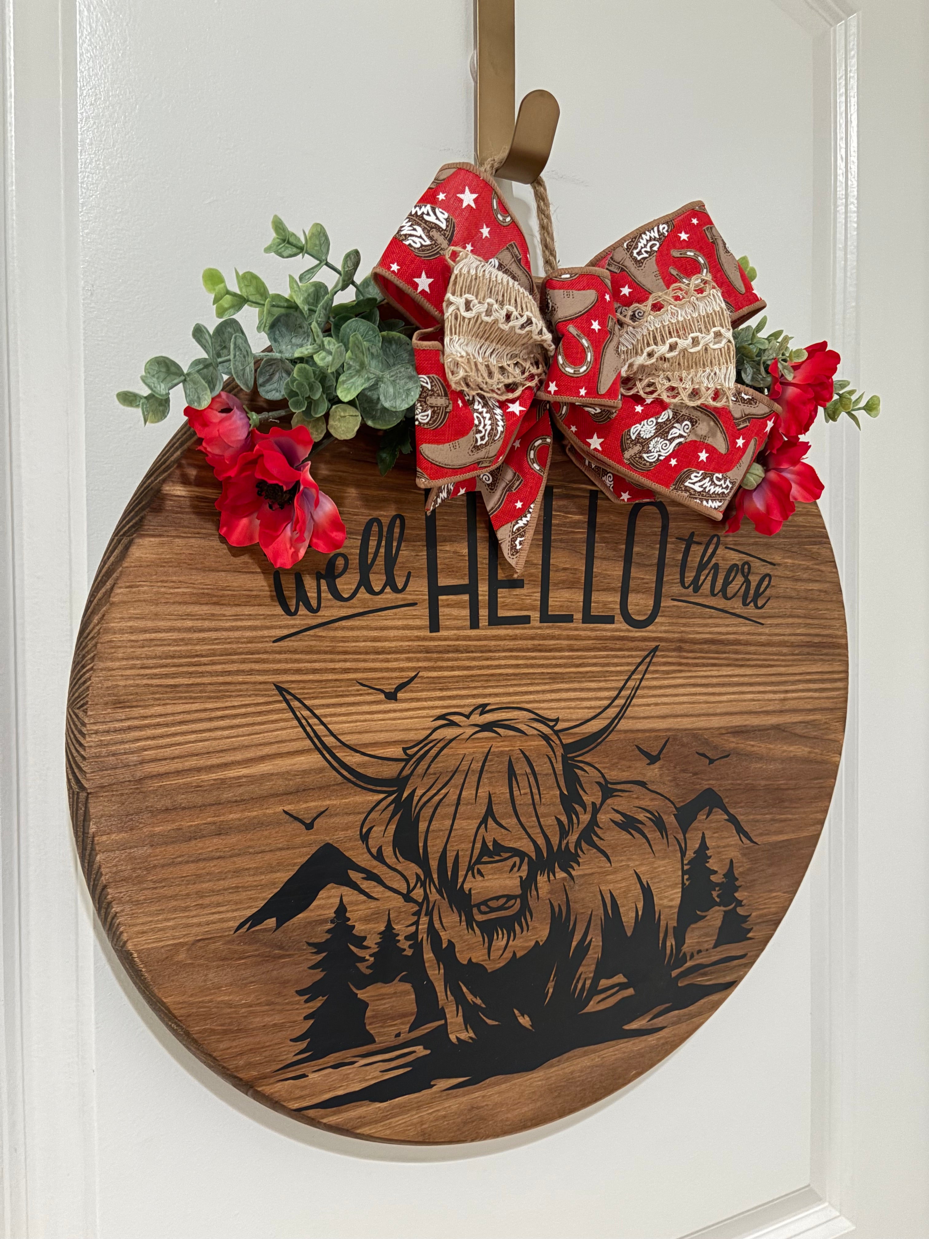 Door Hanger - Well Hello There Highland Cow and Mountains