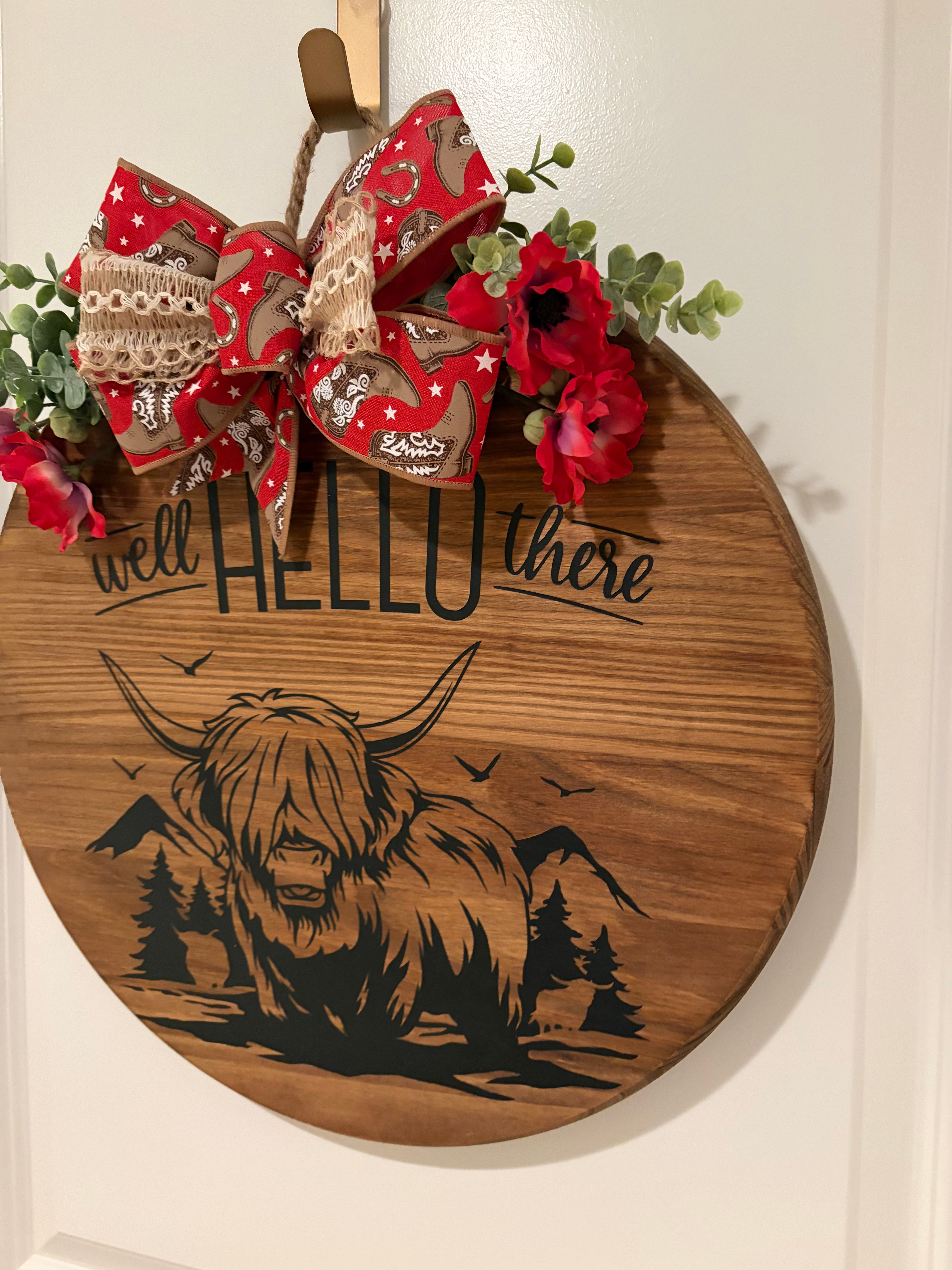 Door Hanger - Well Hello There Highland Cow and Mountains