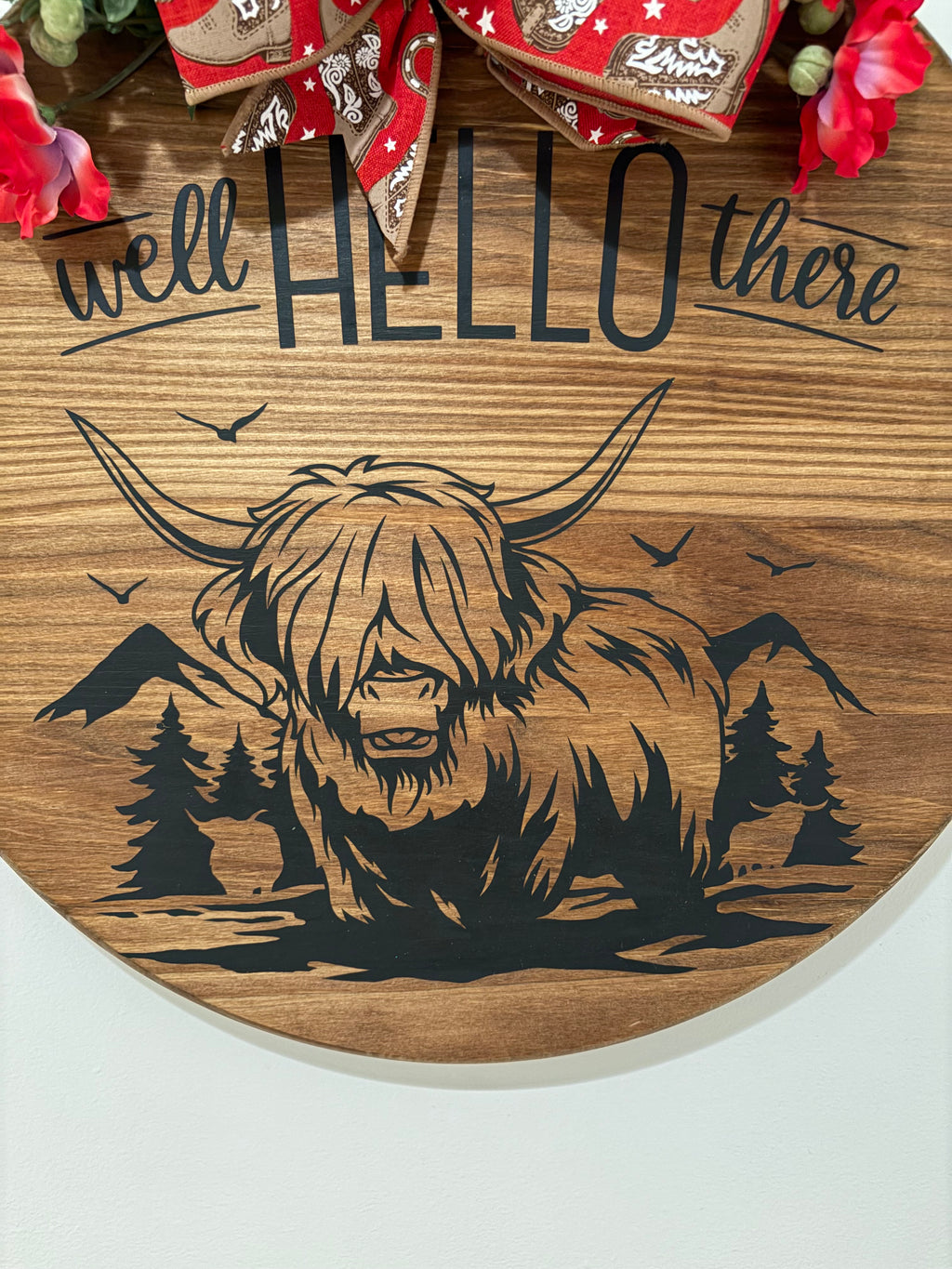 Door Hanger - Well Hello There Highland Cow and Mountains